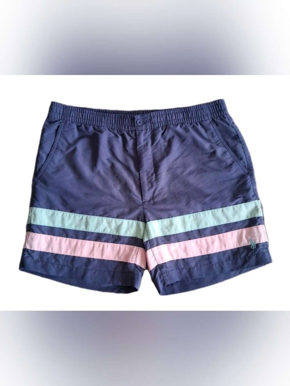 Polo Ralph Lauren Men's Swim Trunks, Med.  Blue W/Green&Pink Stripes Mesh Lining